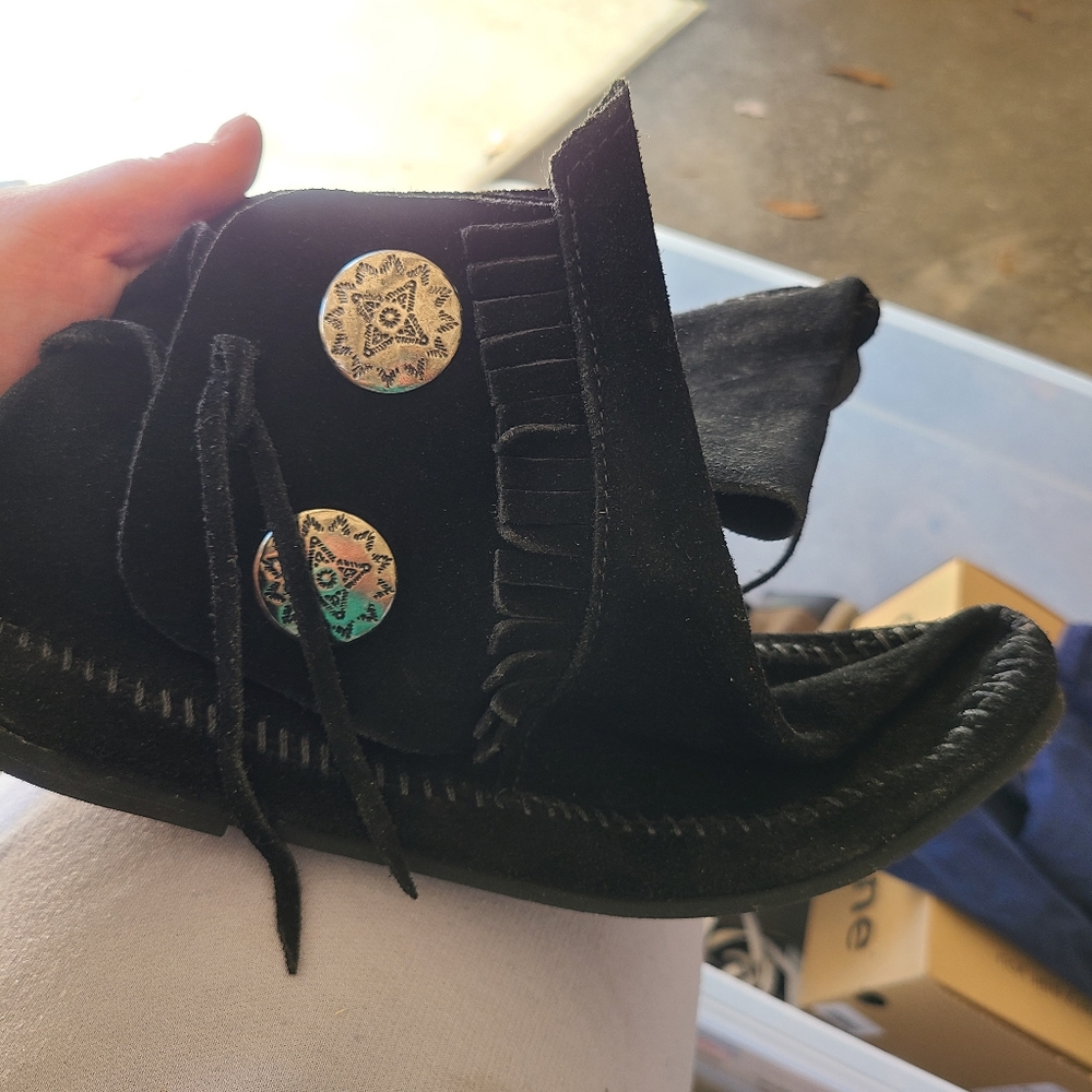 Two button Fringe Suede Moccasin Bootie hard sole